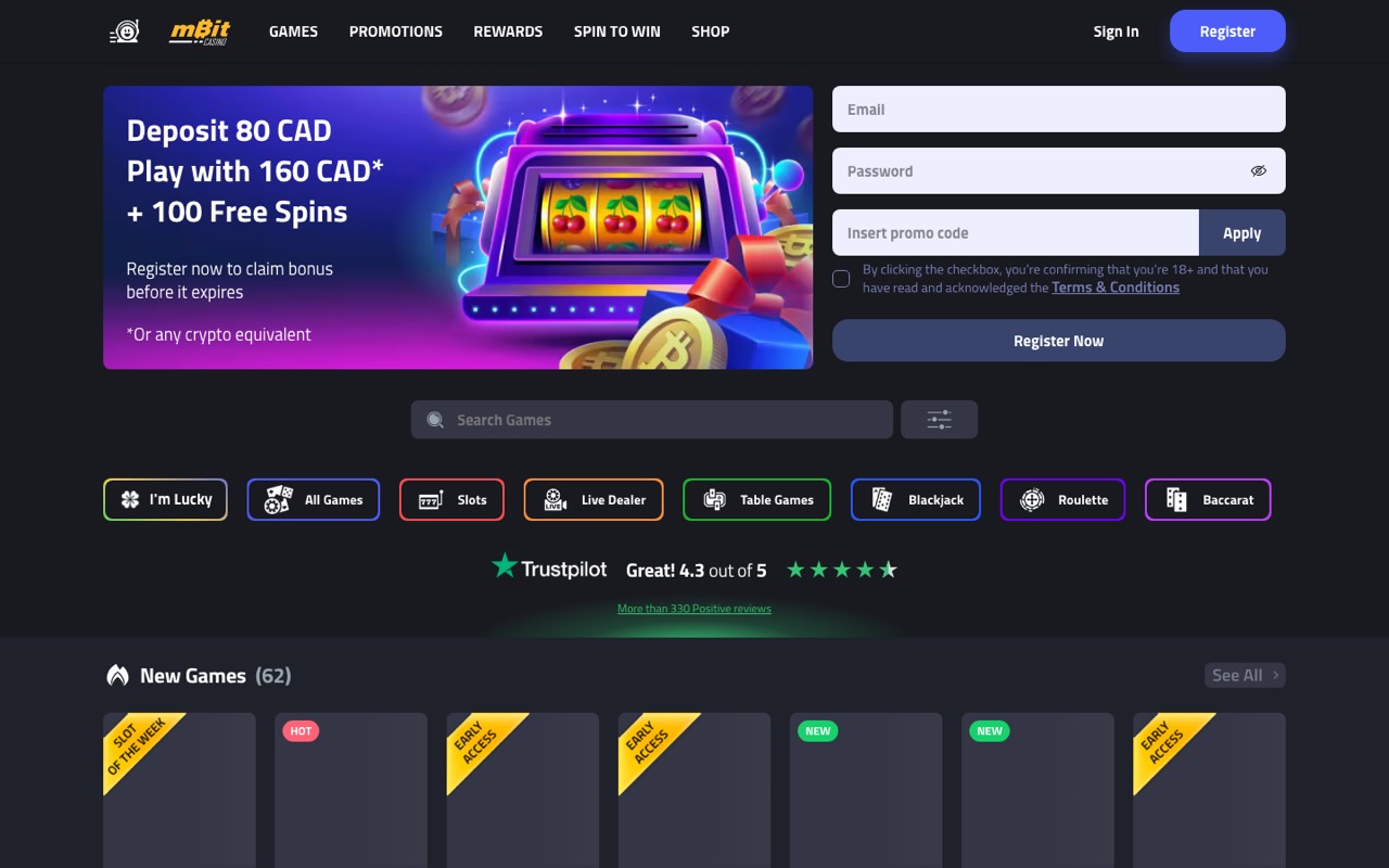 mBit Casino homepage showing the deposit 80 CAD play with 160 CAD welcome offer and 100 free spins