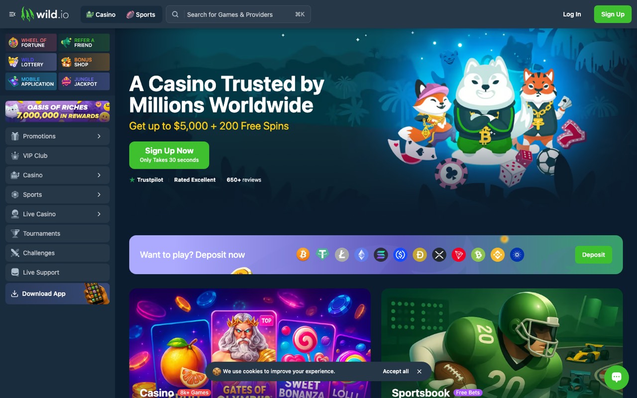 Wild.io crypto casino homepage with the 350% welcome package and sportsbook reviewed for Canadian players